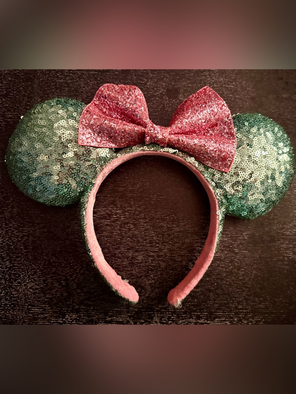 Disney Pink & Green Sequin Minnie Ears & Bow Headband